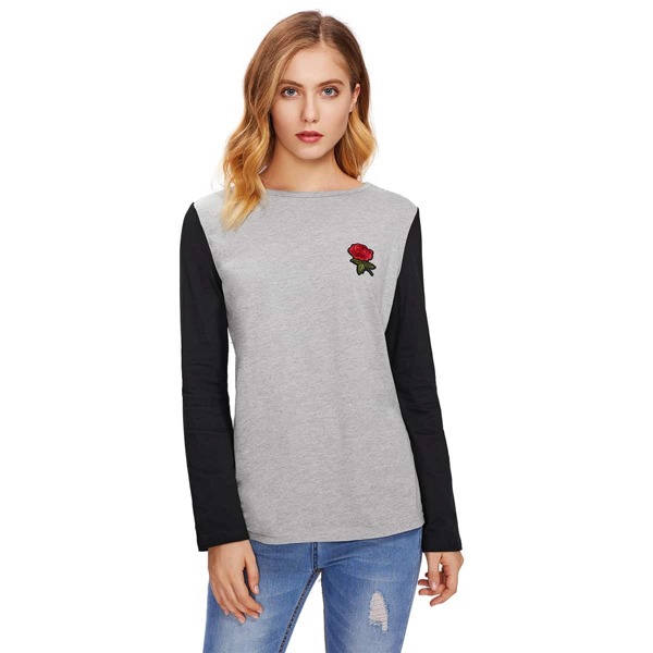

Contrast Sleeve Rose Appliques Tee, Grey