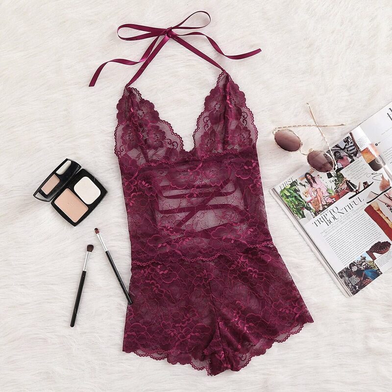 

Tie Up Back Halter Neck Lace Sleep Romper, Burgundy