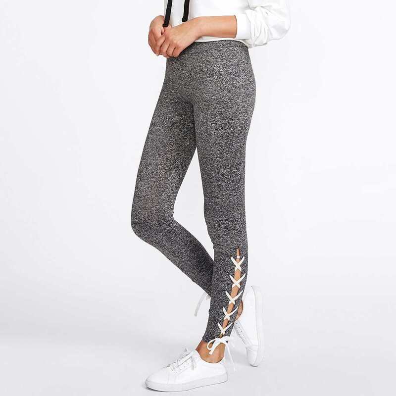 

Lace Up Side Marled Knit Leggings, Grey