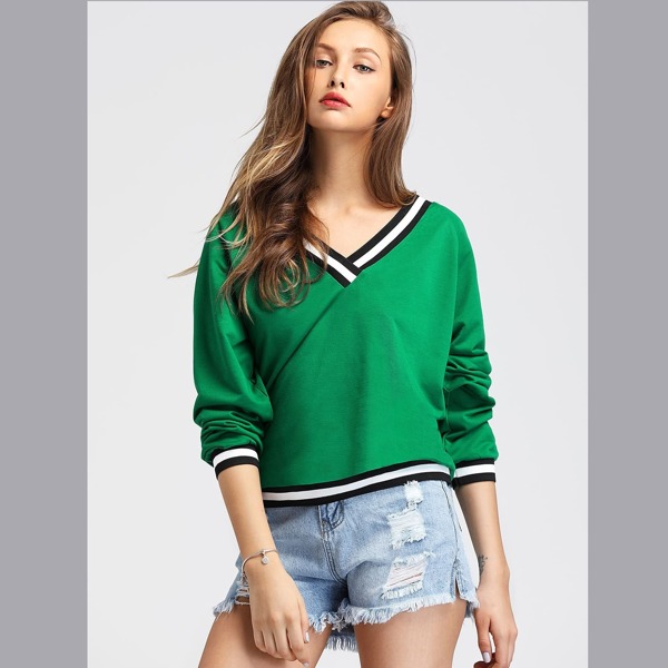 

Contrast Striped Trim V-neckline Sweatshirt, Green