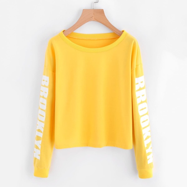 

Drop Shoulder Letter Print Crop Sweatshirt, Yellow bright