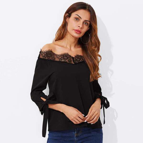 

Bow Tie Sleeve Lace Trim Off Shoulder Top