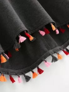 SHEIN LUNE Colourful Tassel Trim Dip Hem Heathered Pullover - Dark Grey - View 3