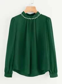 Pearl Beading Puff Sleeve Chiffon Blouse - Green - View 1