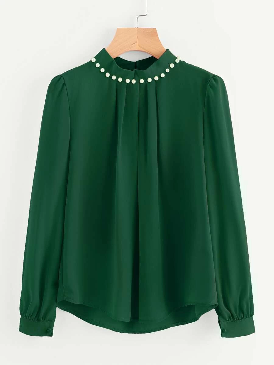Pearl Beading Puff Sleeve Chiffon Blouse - Green - View 1
