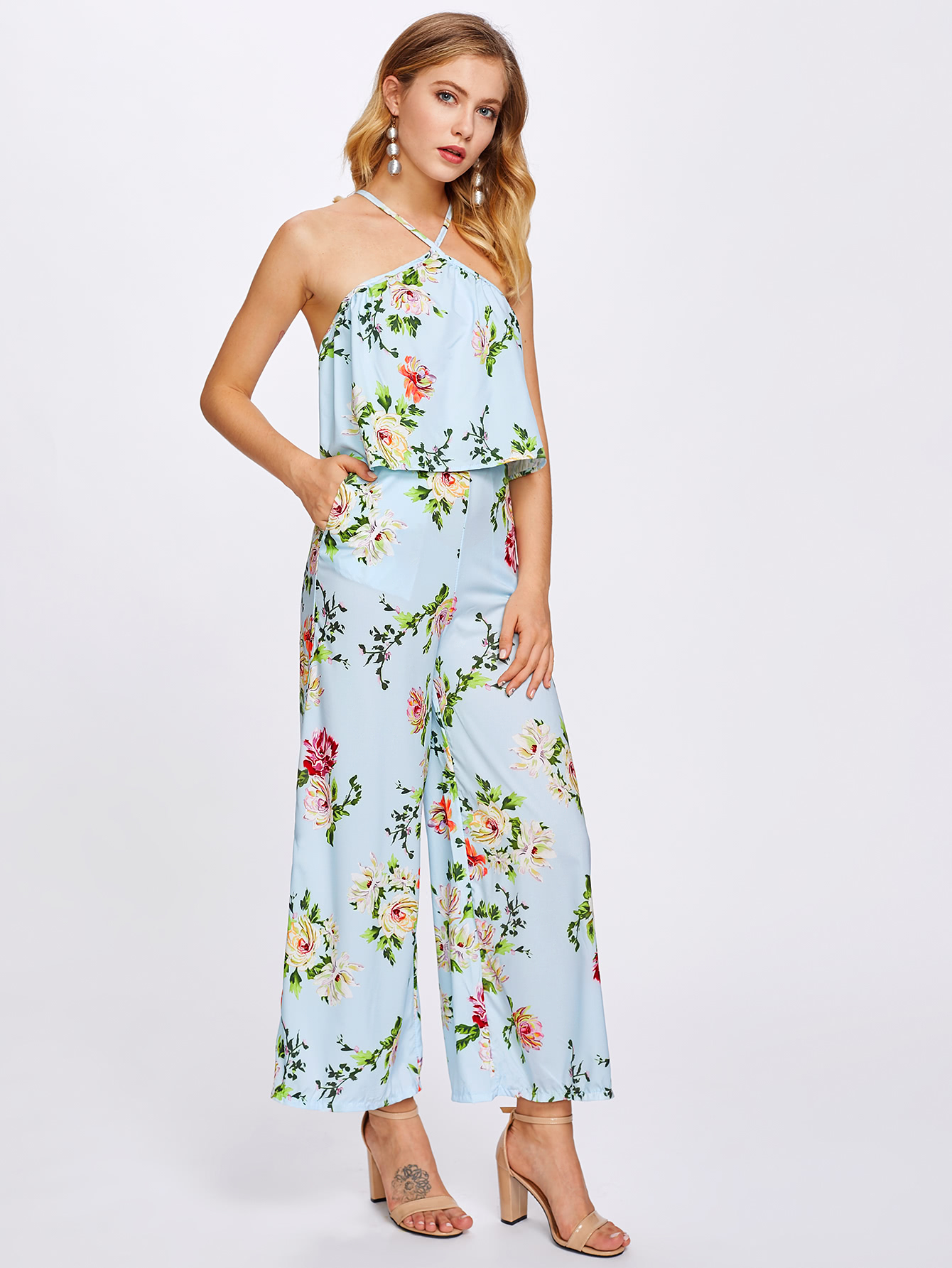 Floral Random Print Tiered Jumpsuit