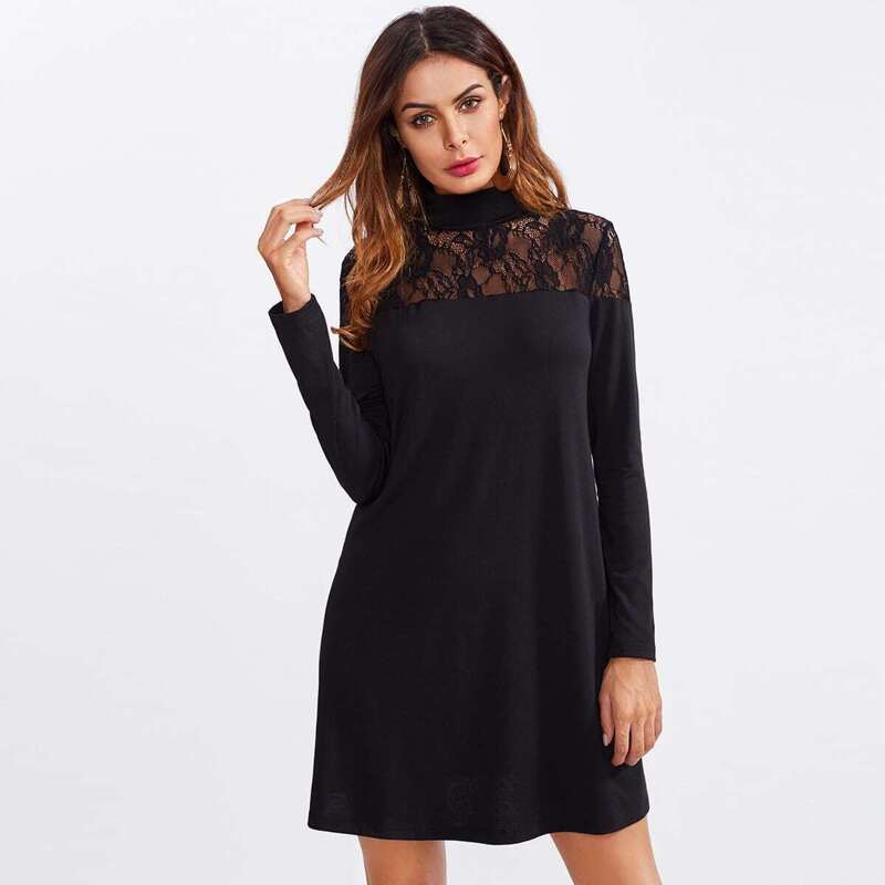 

Lace Yoke High Neck Dress, Black
