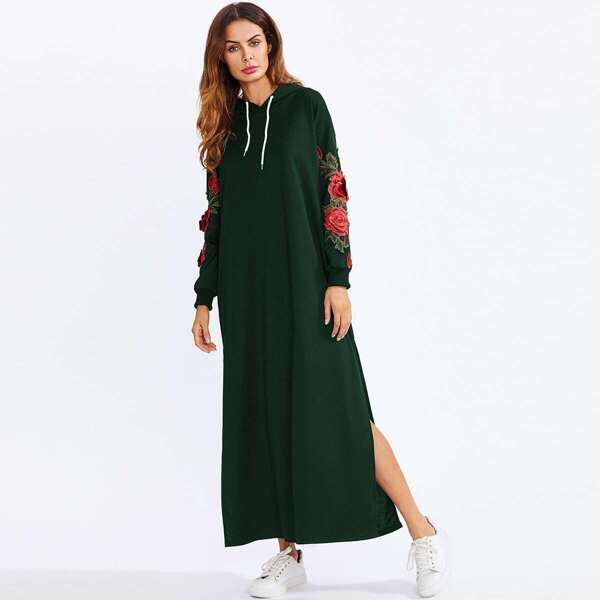 

Split Side Applique Hooded Sweatshirt Dress, Green