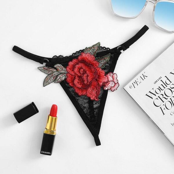 

Rose Applique Lace Thong, Black