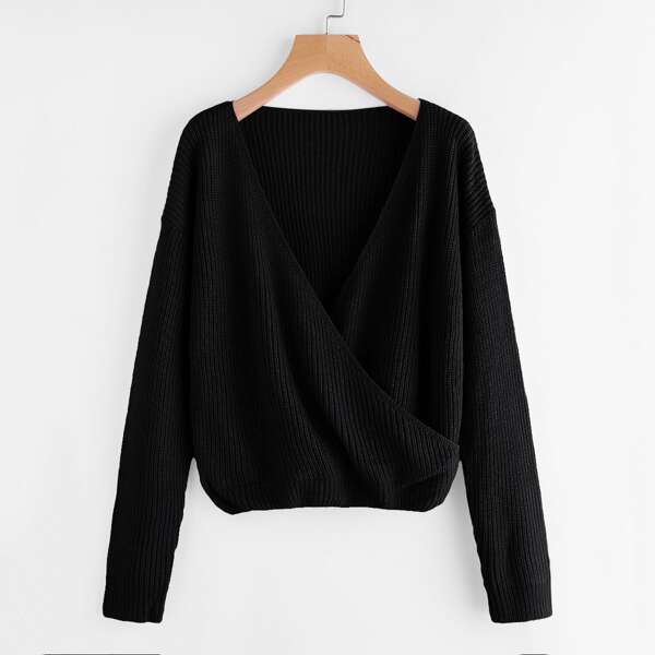 

Drop Shoulder Surplice Front Sweater, Black