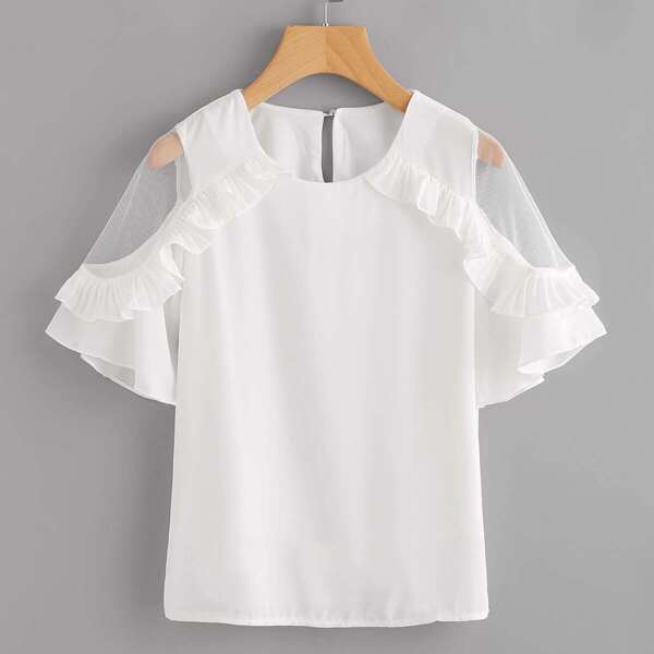 

Sheer Insert Frill Trim Blouse
