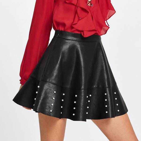 

Pearl Embellished Raw Hem Flared PU Skirt