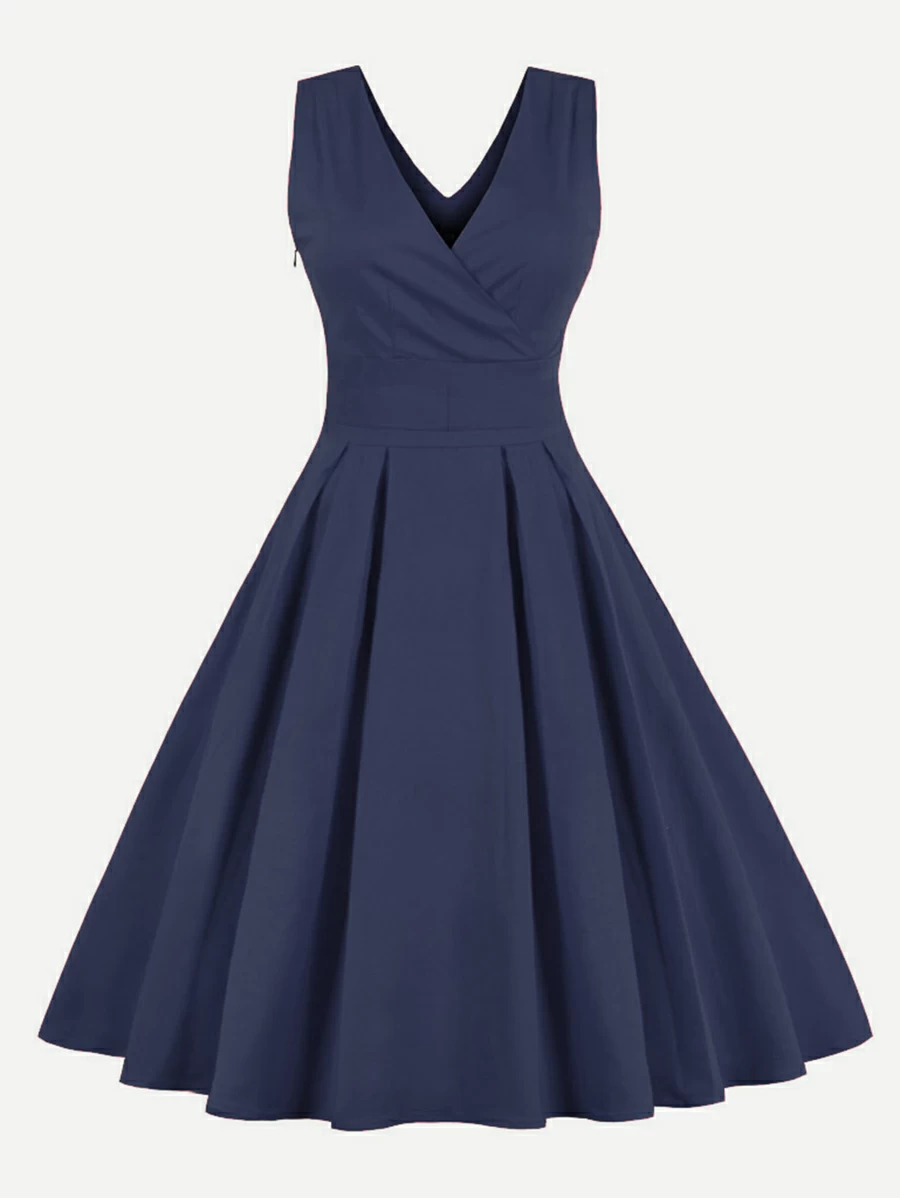 Surplice Wrap Double Plunge Tie Waist Dress - Navy Blue - View 1