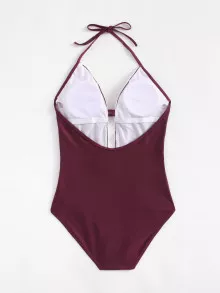 Crochet Lace Trim Plunge Swimsuit - Burgundy - View 2