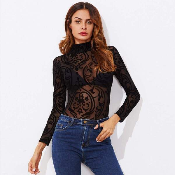 

Mock Neck See Through Bodysuit