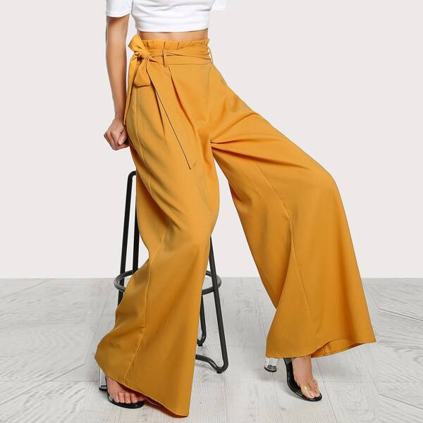 

Paperbag Waist Belted Palazzo Pants, Yellow