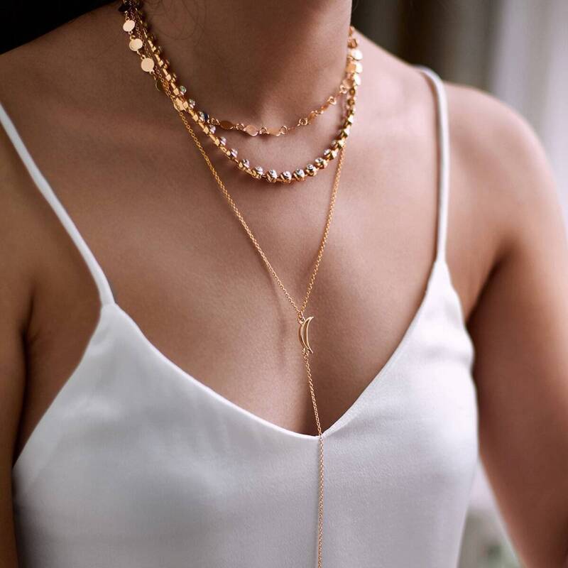 

Moon & Rhinestone Detail Pendant Necklace, Gold