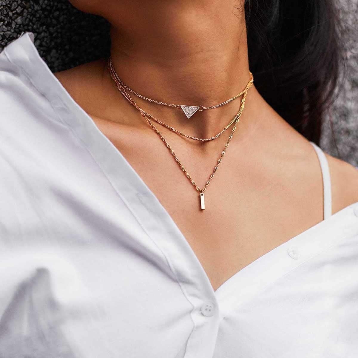 

Rhinestone Bar Pendant Chain Necklace, Gold
