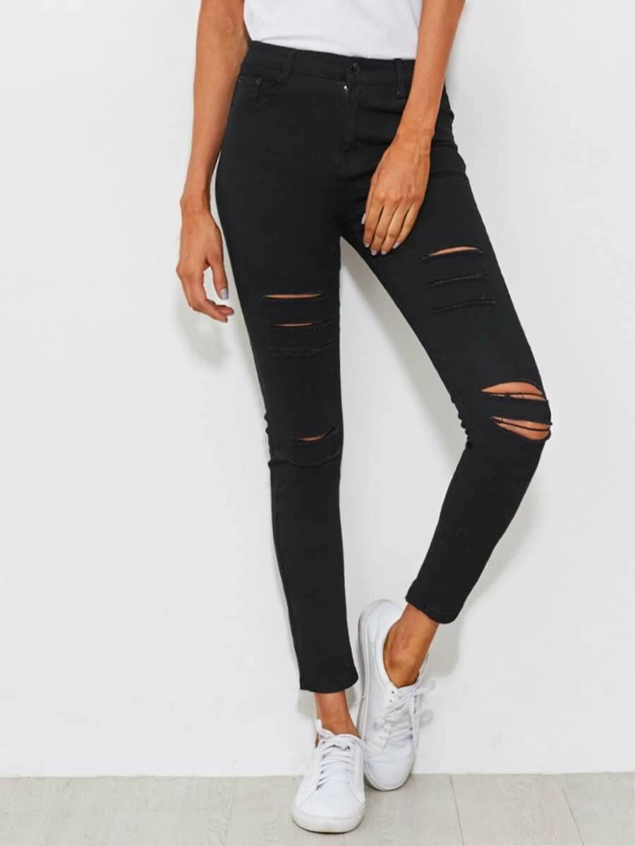 Jeans ajustados con rotos - Negro - Ver 1