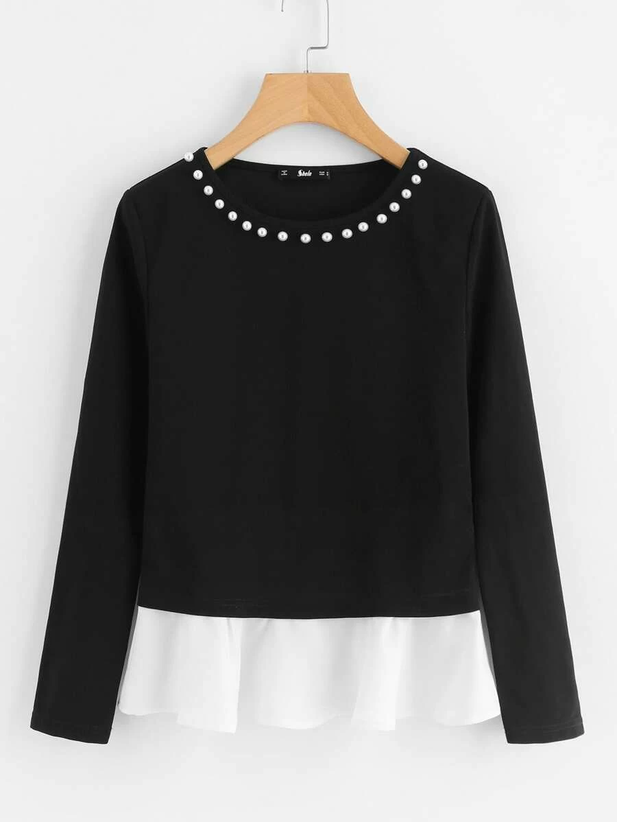SHEIN Top peplum en dos tonos con perlas - Negro - Ver 1