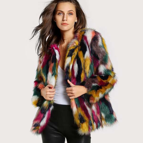

Colorful Faux Fur Coat, Multicolor