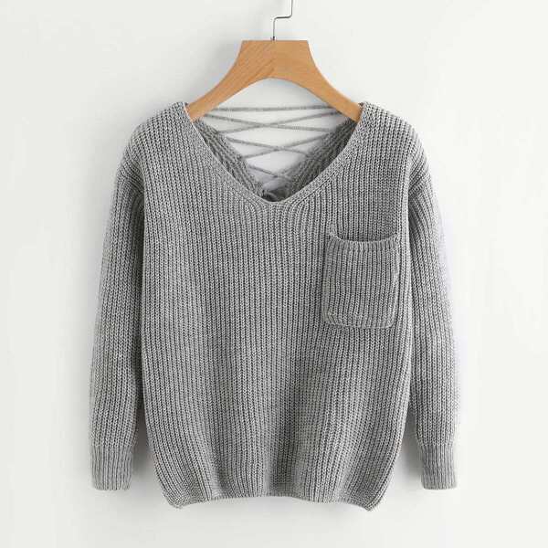 

Double V Lace Up Back Chunky Knit Sweater, Grey