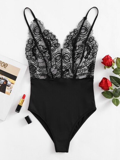 Lace Bodice Mixed Media Bodysuit