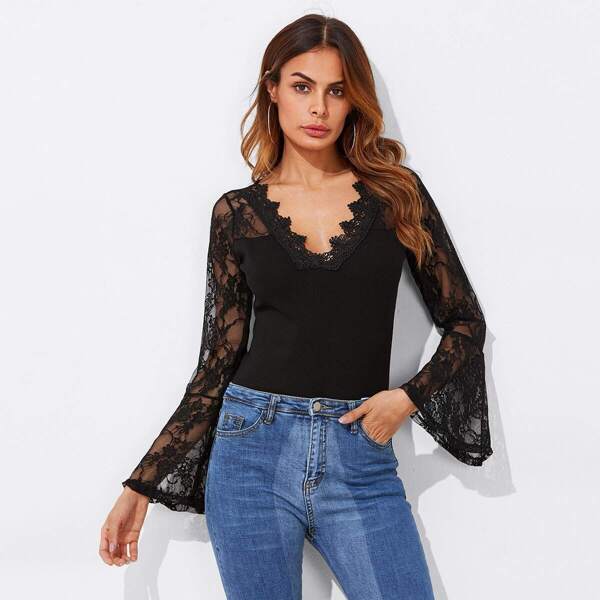 

Floral Lace Insert Crochet Trim Bodysuit