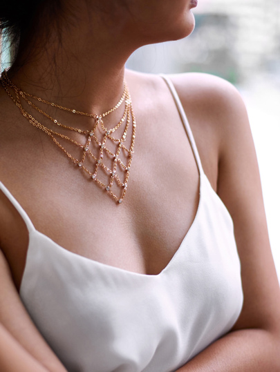 Rhinestone Decorated Geometric Chain Necklace 