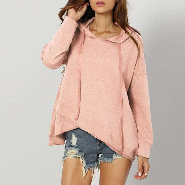 

Dropped Shoulder Heather Knit Overlap Hoodie, Pink