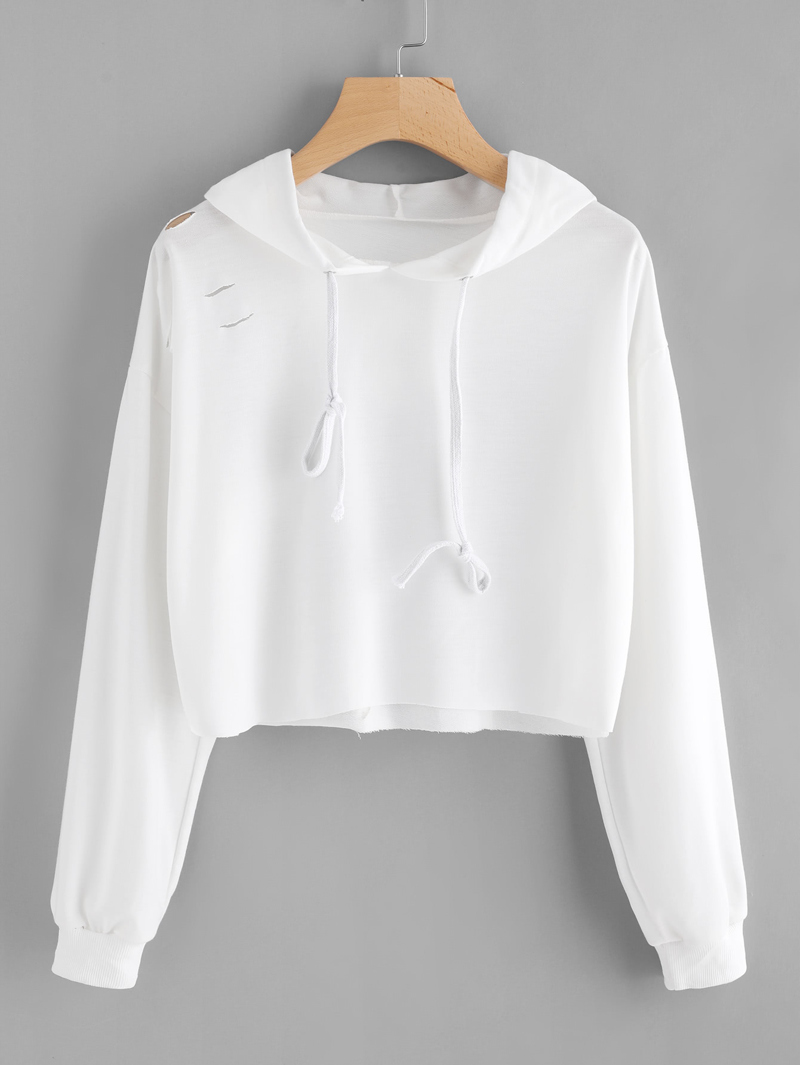 

Ripped Drawstring Hoodie, White