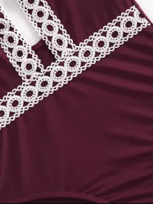 Crochet Lace Trim Plunge Swimsuit - Burgundy - View 5