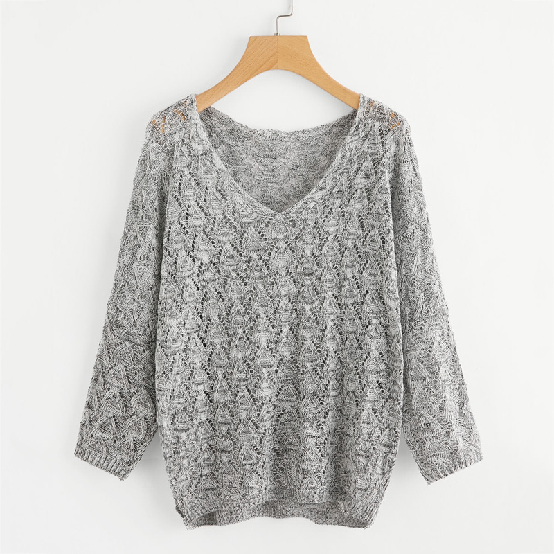 

V Neckline Open Knit Sweater, Grey