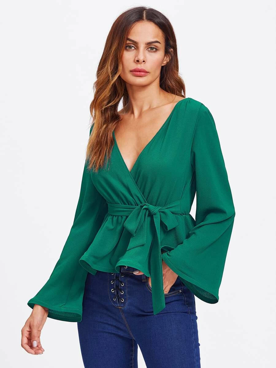 SHEIN Bell Sleeve Wrap Blouse - Green - View 1