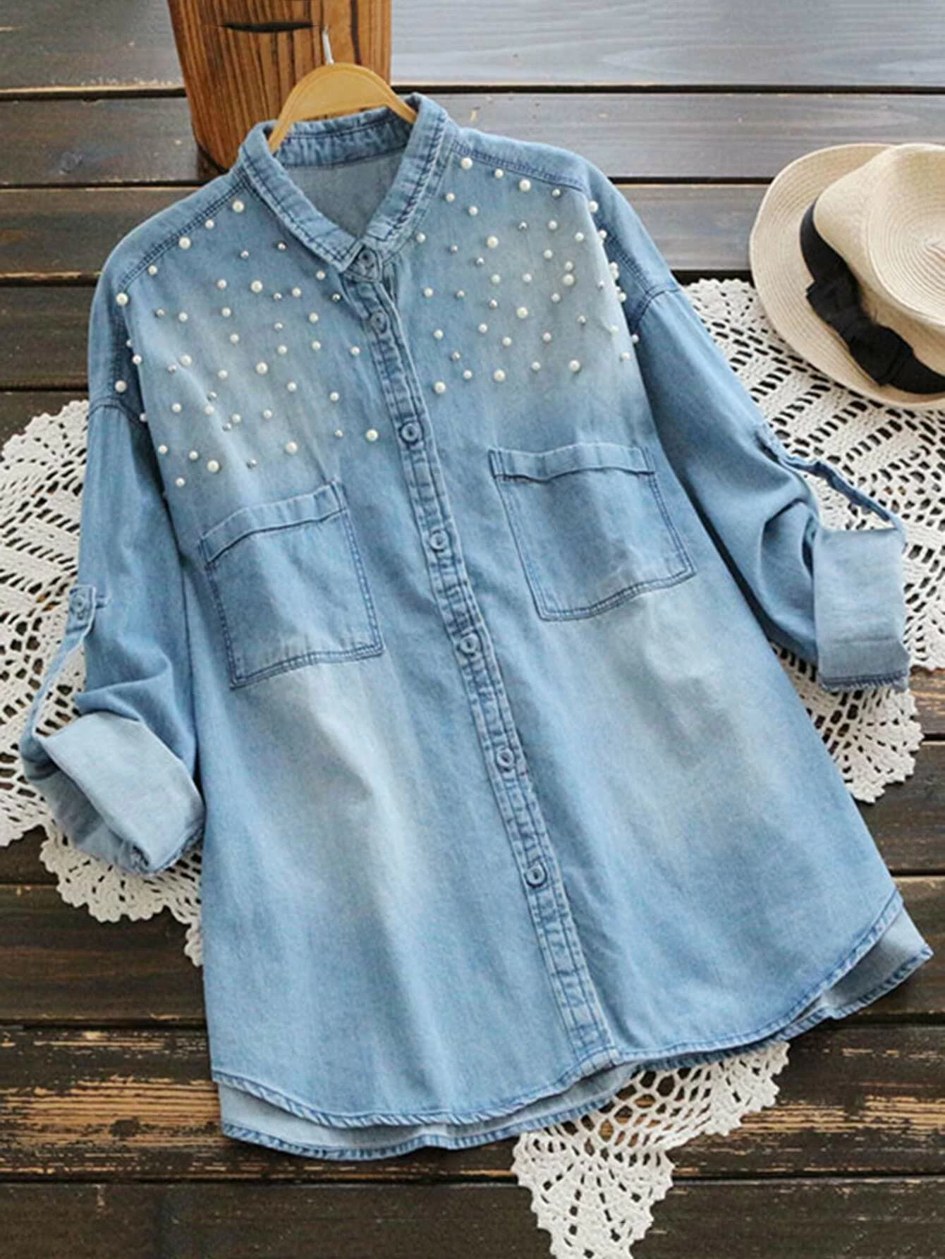 denim blouse with pearls