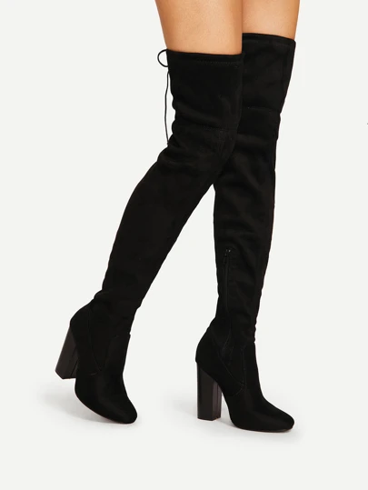 lace up detail block thigh high heeled boots