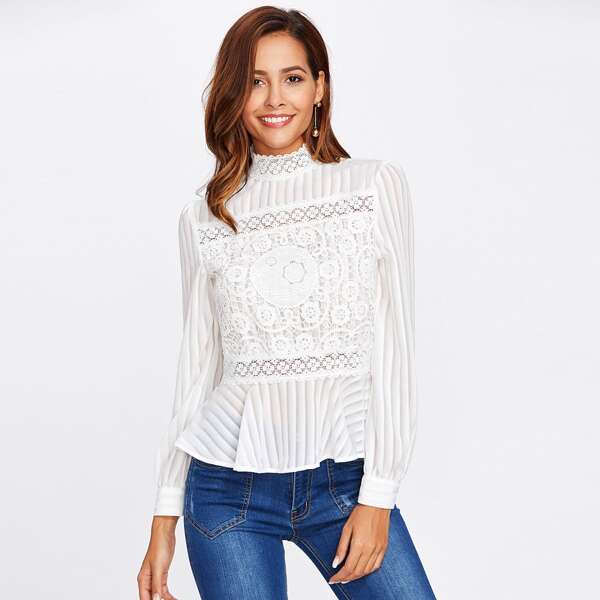 

Lace Panel See Through Peplum Blouse