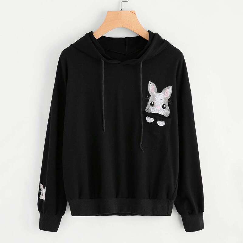 

Rabbit Embroidered Hoodie, Black