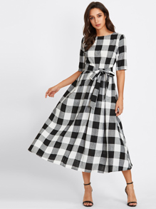 Buttoned Keyhole Self Tie Checkered Dress