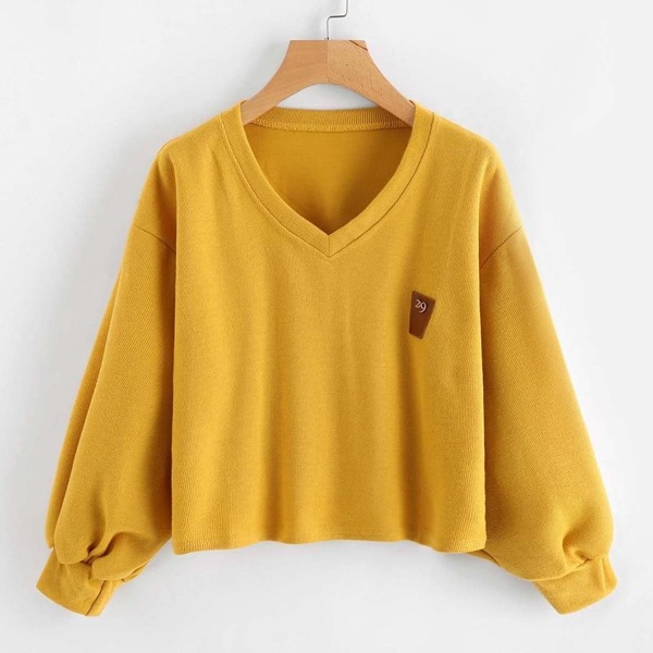 

V Neckline Lantern Sleeve Patch Sweatshirt, Yellow
