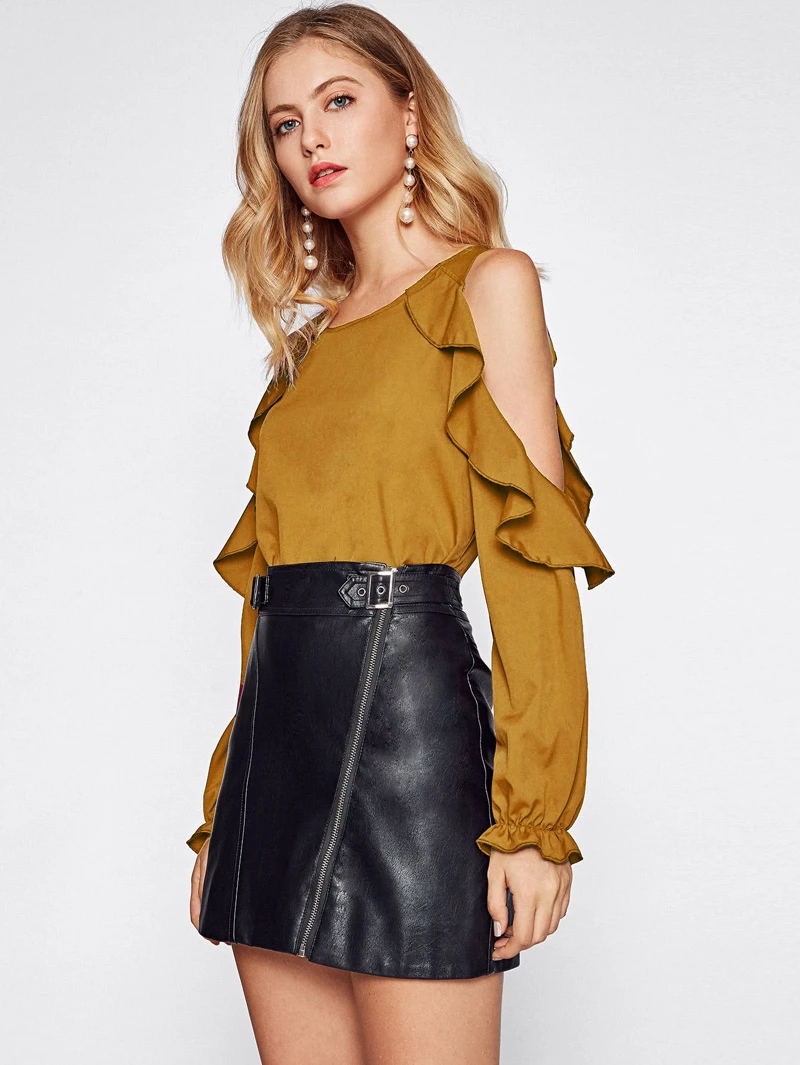 Open Shoulder Frill Trim Blouse Romwe