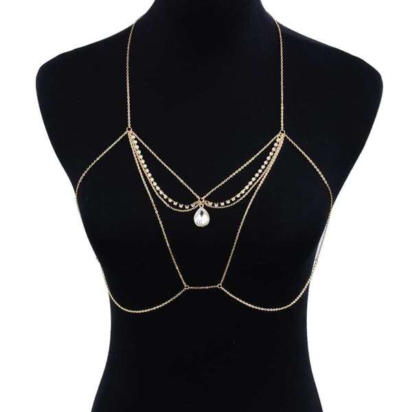 

Water Drop Rhinestone Detail Bralet Body Chain, Gold