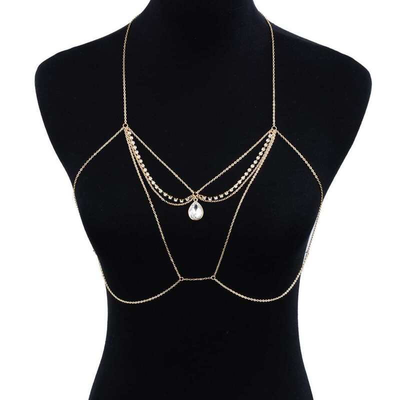 

Water Drop Rhinestone Detail Bralet Body Chain, Gold