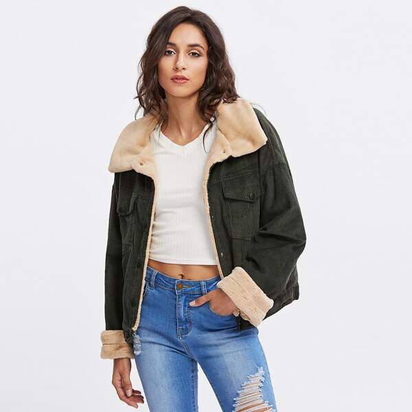 

Corduroy Contrast Short Faux Fur Jacket, Army green