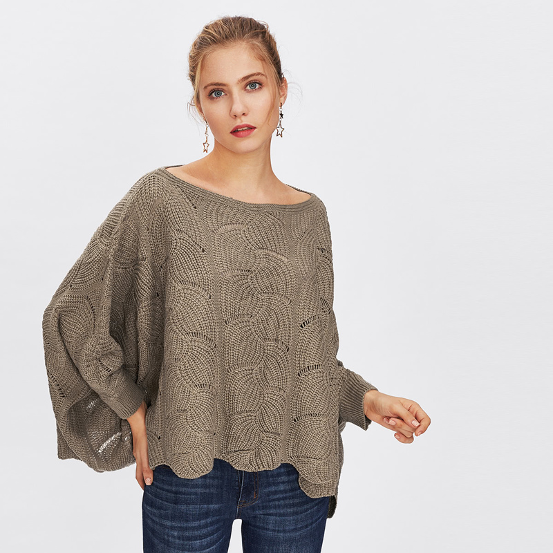 

Loose Knit Scalloped Dolman Sweater, Brown