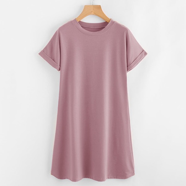 

Rolled Sleeve Basic Tee Dress, Dusty pink