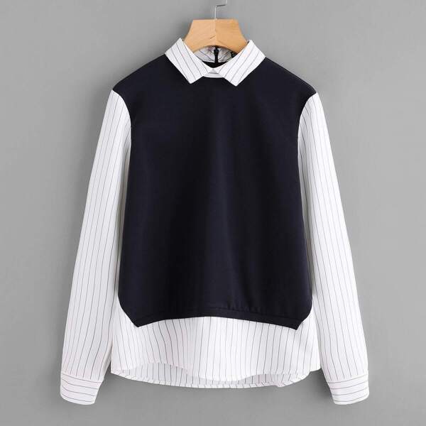 

Zip Back Striped Combo Blouse