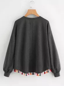 SHEIN LUNE Colourful Tassel Trim Dip Hem Heathered Pullover - Dark Grey - View 2