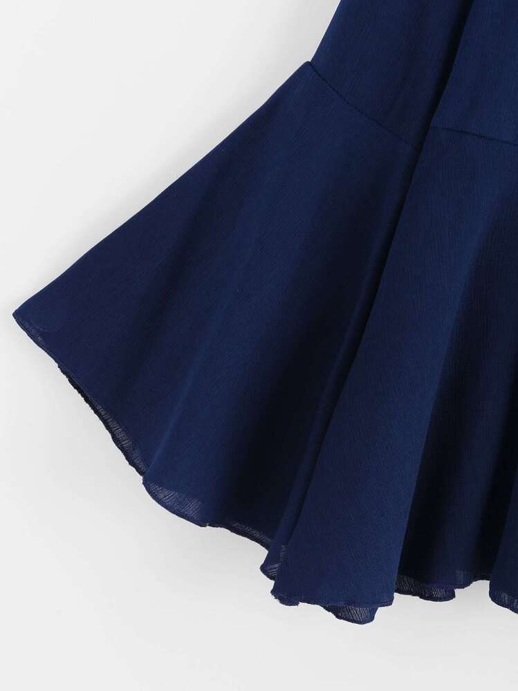 V Neckline Fluted Sleeve Frill Hem Blouse - Blue - View 3