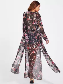 Random Floral Slit Side Drawstring Kimono, For Summer Beach Vacation - Multicolor - View 4
